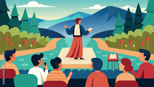 A stream gently trickles by as the pastor delivers a powerful sermon to their congregation gathered on blankets and picnic chairs in an outdoor. Vector illustration