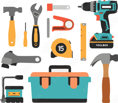 Flat Lay Tool Icons: Handyman's Kit, Toolbox, & Essential Instruments