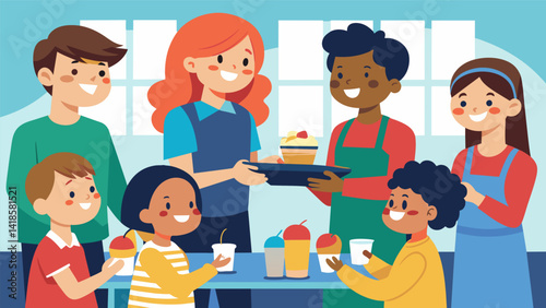 Children from the churchs youth group help serve food and engage in conversations with the shelter residents their bright smiles bringing joy to the. Vector illustration