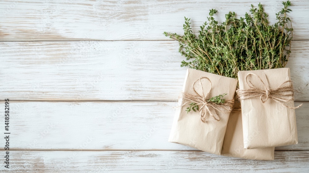 Fototapeta premium Fresh Herbs in Wrapped Packages on Wooden Surface with Twine