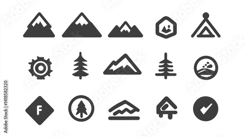 Mountain, forest, camping icons; outdoor adventure design elements
