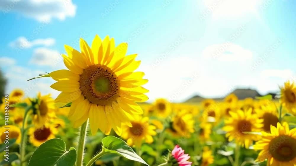 A vibrant sunflower stands tall among a field of other sunflowers and delicate pink blossoms under a bright sunny sky A vibrant sunflower stands tall among a field of other sunflowers and delicate pink blossoms under a bright sunny sky