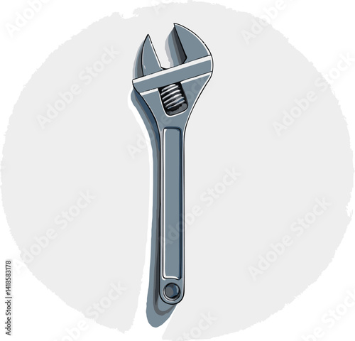 Silver Adjustable Wrench on Grey Circular Background,  Hand-Drawn Style Illustration