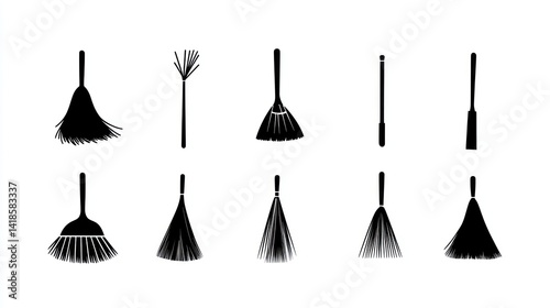 Broom types, cleaning tools, white background, cleaning supplies, home maintenance illustration