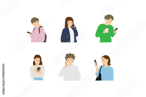 Collection of Smartphone Users – Set of vector illustrations featuring people using smartphones in various ways: texting, browsing, takin, and more