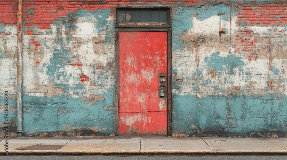 Naklejka premium Urban brick facade with weathered paint and a vibrant red door.