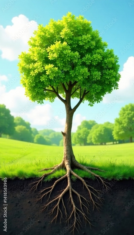 Obraz premium Newborn trees growing tall in sunny meadow with roots visible above ground , tree, foliage