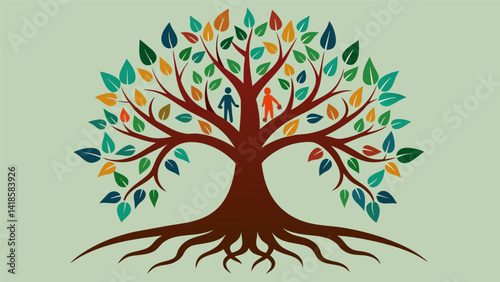 A beautiful tree with roots that represent the interconnectedness of the community depicted in a community art mural.. Vector illustration