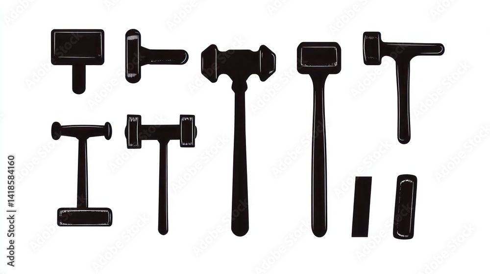 Fototapeta premium Black silhouette various hammers tools white background workshop