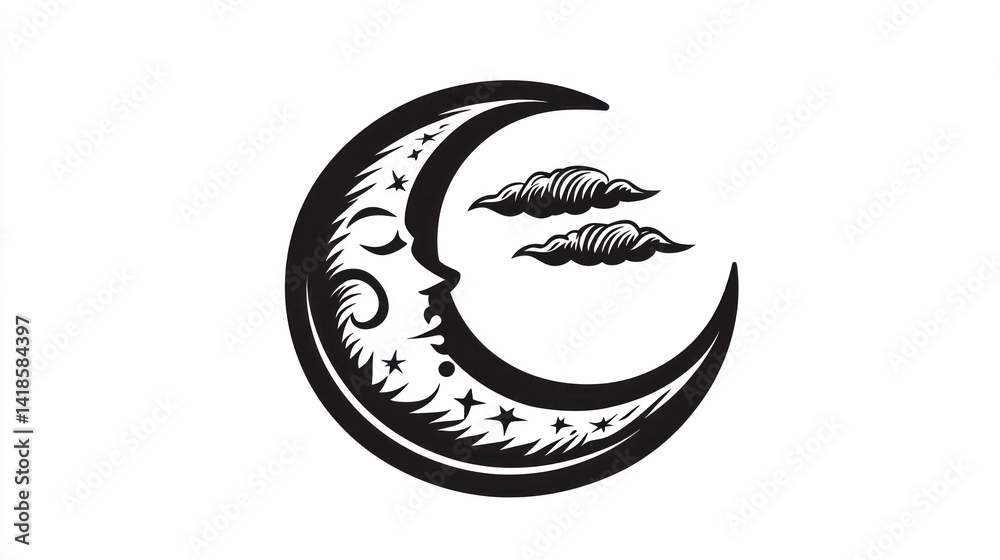 Obraz premium Sleeping crescent moon, stars, clouds; night sky; mystical design; tattoo art