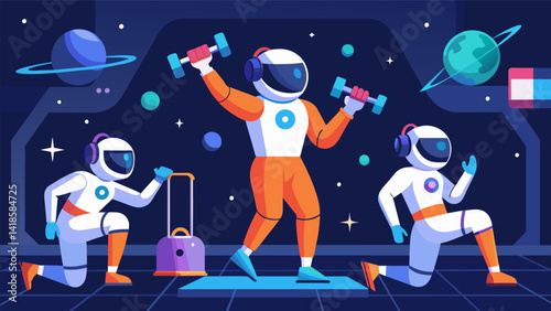 A team of astronauts performing strength and cardio exercises in a virtual space station supervised and encouraged by their AI personal trainer to. Vector illustration