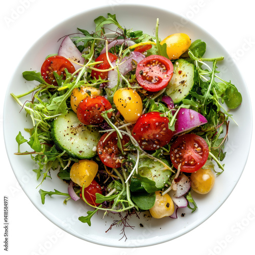 White plate with a fresh salad featuring cubergon and radish garnishes on a rustic wooden table isolated on a white background,