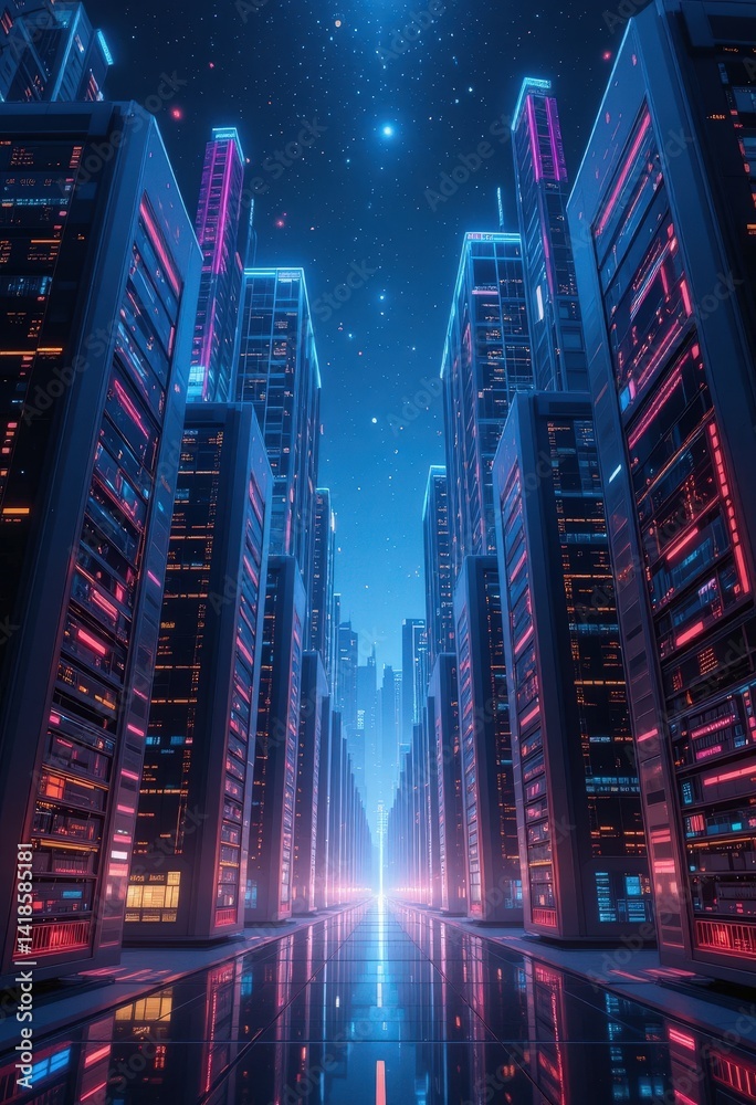 Obraz premium A vibrant futuristic cityscape illuminated by colorful neon lights, featuring sleek skyscrapers with innovative designs, bustling streets filled with hover cars, and digital billboards.