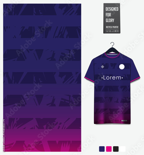 Geometric pattern with gradient background for fabric textile design. Sport shirt mockup template for football, soccer, basketball, cycling, running, rugby, baseball, racing, or sportswear.