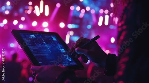 Technological symphony: person manipulates digital data with tablet at live event