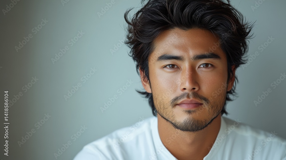 Fototapeta premium Close-up portrait of a young man with dark hair and a serious expression