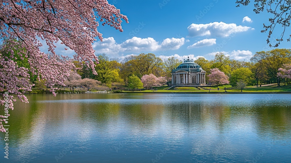 Fototapeta premium Serene Lakeside Vista with Floral Blooms and Classical Pavilion Reflections