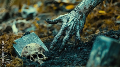 A decaying hand reaching into the earth, near a skull and debris.