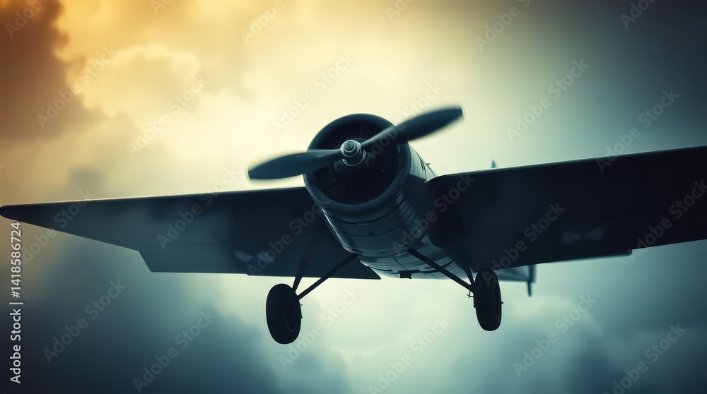 Fototapeta premium Vintage airplane soaring through dramatic clouds.