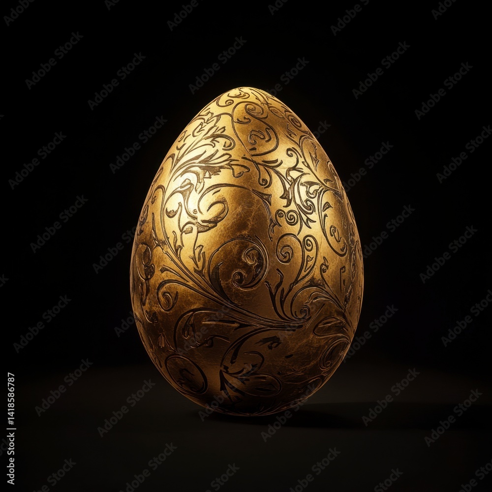 Ornate Golden Egg with Intricate Floral Design Against Black Background Ornate Golden Egg with Intricate Floral Design Against Black Background