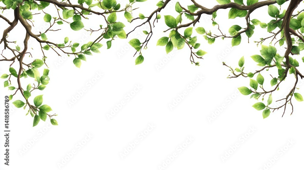 Spring tree branches, leaves border, white background, nature design, website header Spring tree branches, leaves border, white background, nature design, website header