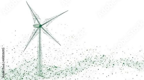 Green energy wind turbine, digital particles, clean power, white background, eco-friendly technology