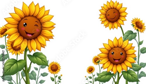 Cheerful cartoon sunflowers garden digital art bright environment close-up view joyful concept