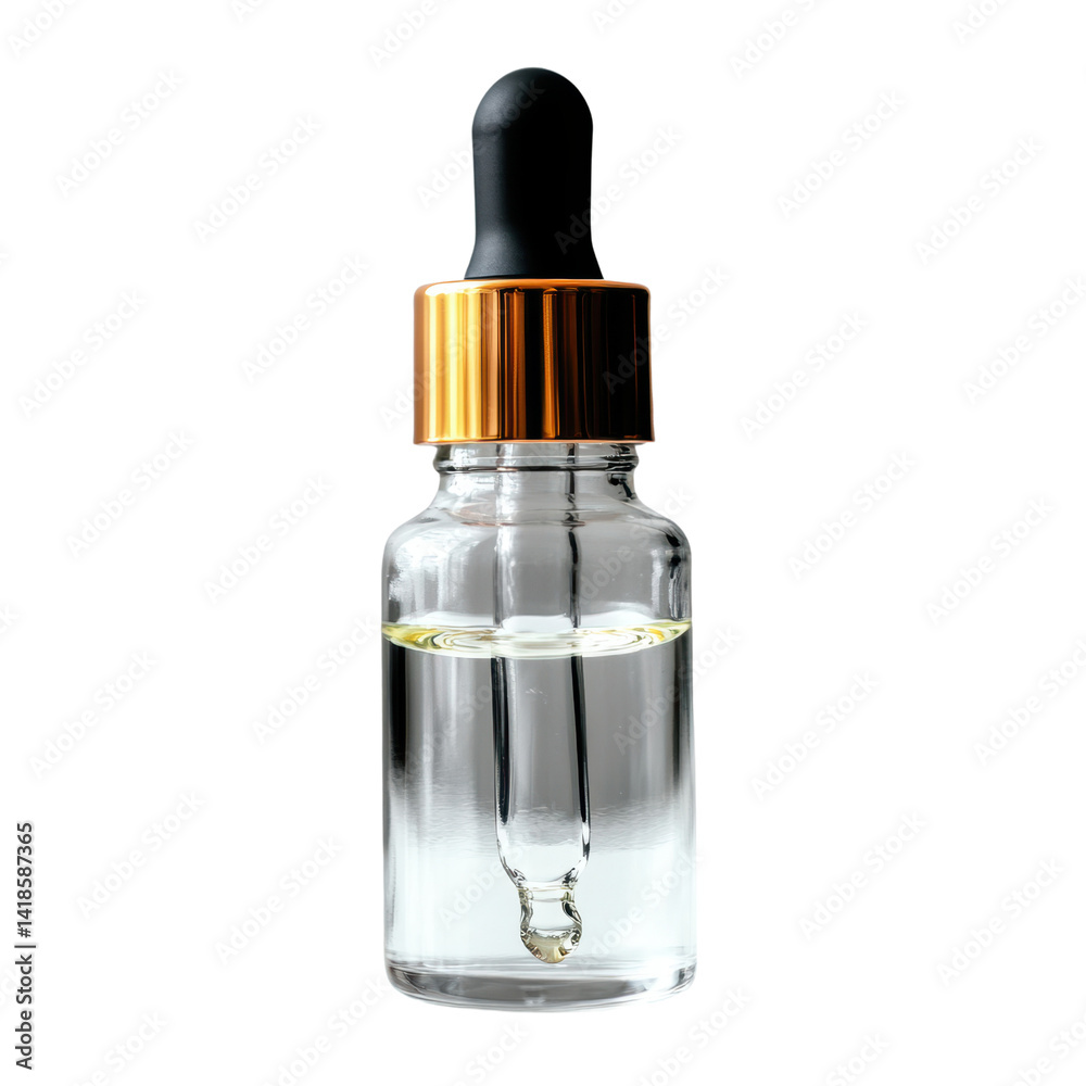 Bottle of liquid with dropper for dispensing medication or essential oils on white background isolated on a white background,