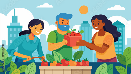 A family of city dwellers harvests ripe tomatoes and peppers from their rooftop garden proudly showing off their urban farming skills.. Vector illustration