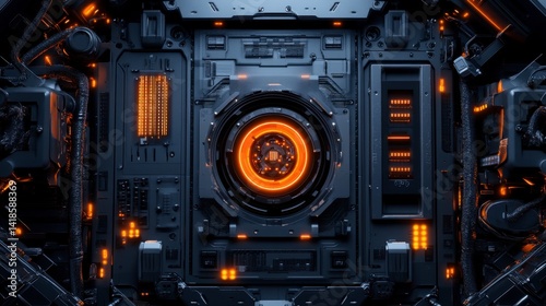 Futuristic Control Panel with Orange Lights and Dark Industrial Design