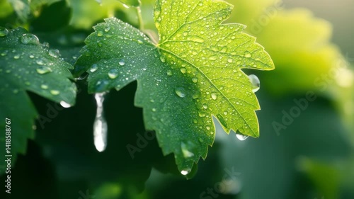 Close-Up of Fresh Green Leaves with Dew Drops Illuminated by Soft Morning Light
