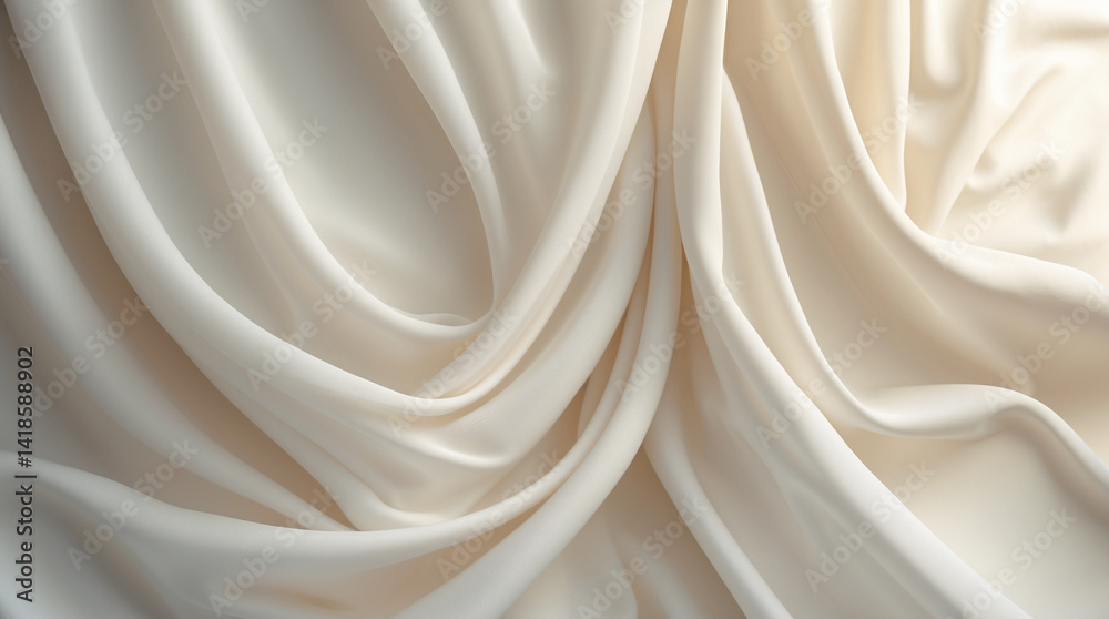 Fototapeta premium Creamy beige fabric draped in elegant, flowing folds, creating a serene and luxurious mood with soft, diffused lighting.