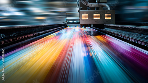 High-Speed Industrial Printing Press in Motion, Applying Vibrant Colors onto a Continuous Sheet of Material.