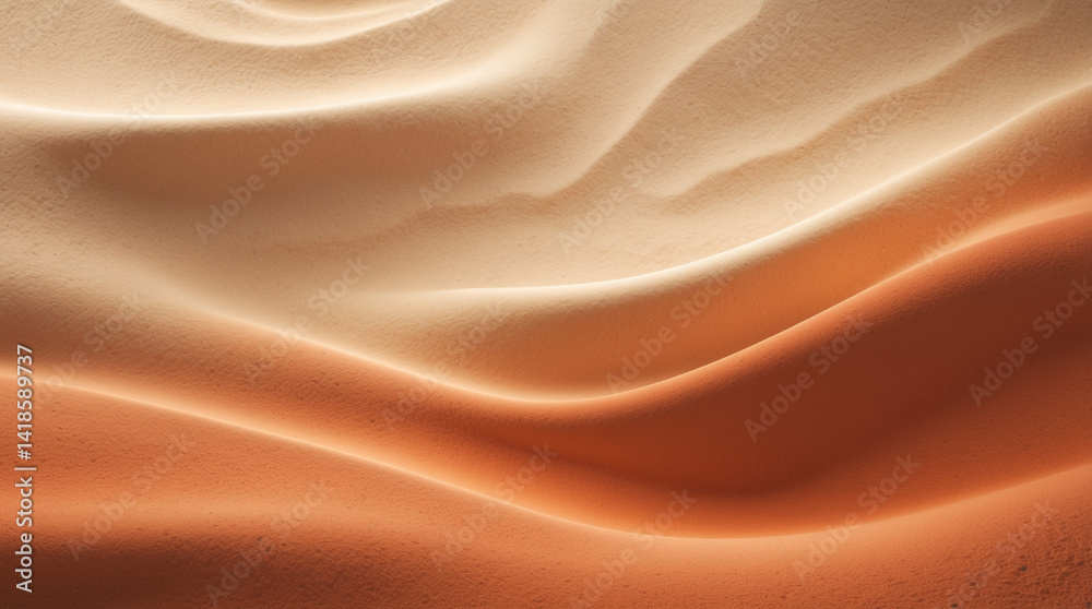Fototapeta premium Sun-kissed desert dunes in a gentle, flowing embrace, showcasing a breathtaking gradient of warm, earthy tones from pale beige to rich terracotta.