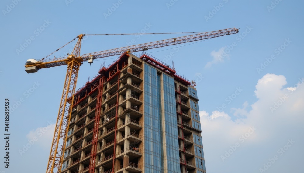 Construction progress of high-rise building with crane in urban setting architectural photography daylight view Construction progress of high-rise building with crane in urban setting architectural photography daylight view