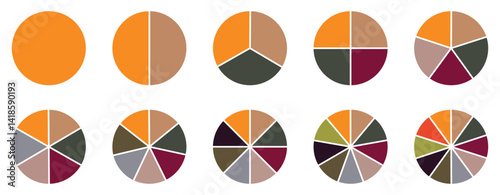 Circle pie chart set. Colorful diagram with 10 sections.  Isolated on white background, Pie chart set. Circle section graphs. Pie chart divided 1,2,3,4,5,6,7,8,9,10,11,12 equal parts. Vector-eps 10