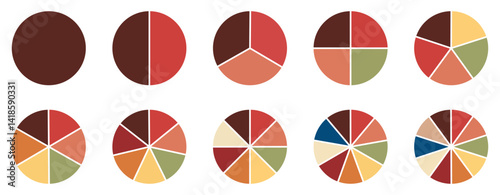 Pie chart set, segmented circle icons, circle diagram. Pie chart divided 1,2,3,4,5,6 equal parts. Color pizza or donut round diagram. Infographic wheel segment or sections parts. Vector illustration 