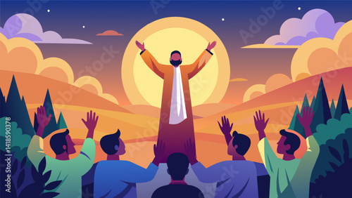 As the sun sets in a dazzling display of colors the pastor raises their hands in prayer leading their flock in an openair worship session.. Vector illustration
