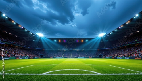 Exciting football match under dramatic skies stadium sports photography evening wide angle competitive atmosphere