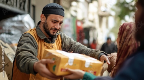 Kind volunteer distributing Ramadan food aid to people in need on the street