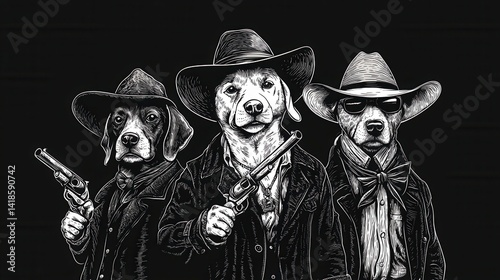 Three Cartoon Dogs in Cowboy Attire with Guns