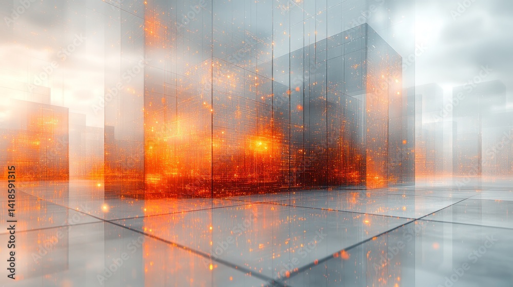 Fototapeta premium Futuristic Cityscape: Glowing Metropolis in Haze
