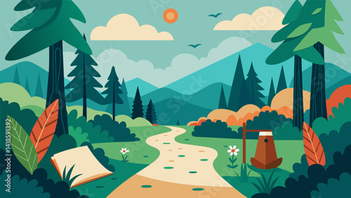 A slowpaced hike through the woods with prompts to create natureinspired poems or short stories along the way.. Vector illustration