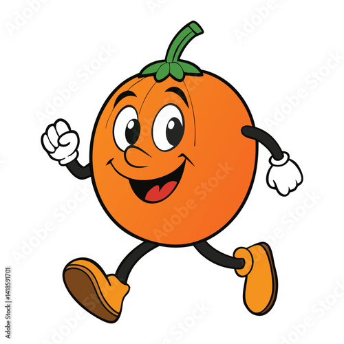 A cheerful pumpkin mascot with a big smile dashes forward, its orange body bouncing with each step. Its green stem wiggles as it speeds along, spreading festive energy.