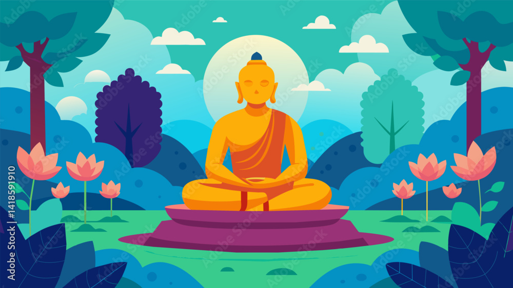 A solemn stone Buddha statue sits at the heart of the garden emanating a sense of peace and inviting you to take a moment for introspection.. Vector illustration