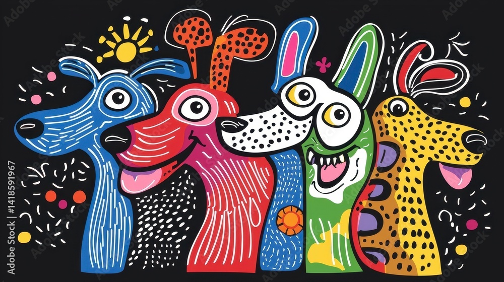 Obraz premium Colorful Cartoon Dogs with Cheerful Expressions