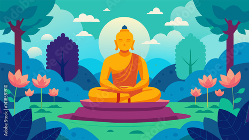 Obraz na płótnie A solemn stone Buddha statue sits at the heart of the garden emanating a sense of peace and inviting you to take a moment for introspection.. Vector illustration w salonie