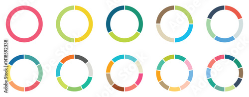 Pie chart set. Different color circles. Pie chart divided 1,2,3,4,5,6,7,8,9,10,  equal parts. donut and pie chart infographic elements. Colorful diagram graphs. Circle section graph.