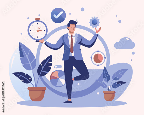 Project management process to manage and develop with resources to deliver quality product, agile development cycle, businessman project manager balance on clock juggling project management elements
