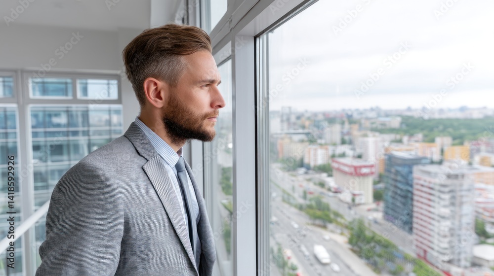 A professional man gazing thoughtfully out of a large window, contemplating future opportunities and urban growth. A professional man gazing thoughtfully out of a large window, contemplating future opportunities and urban growth.